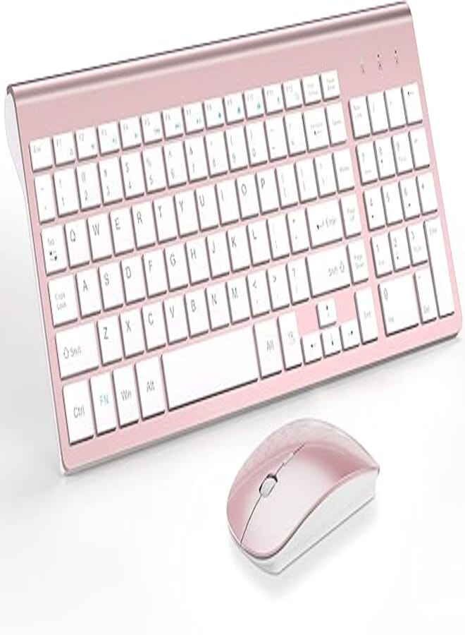 Wireless Keyboard and Mouse Ultra Slim Combo, TopMate 2.4G Silent Compact USB Mouse and Scissor Switch Keyboard Set with Cover, 2 AA and 2 AAA Batteries, for PC/Laptop/Windows/Mac - Rose Gold White